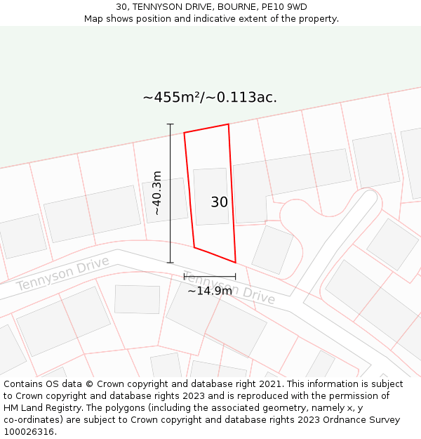 30, TENNYSON DRIVE, BOURNE, PE10 9WD: Plot and title map