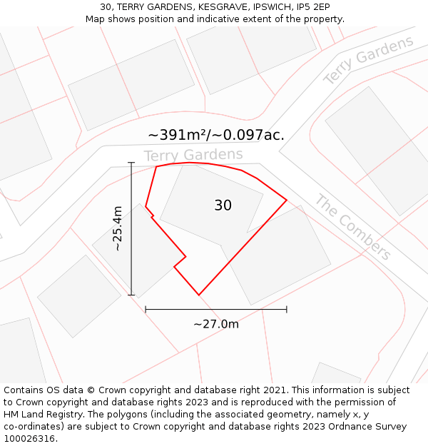 30, TERRY GARDENS, KESGRAVE, IPSWICH, IP5 2EP: Plot and title map