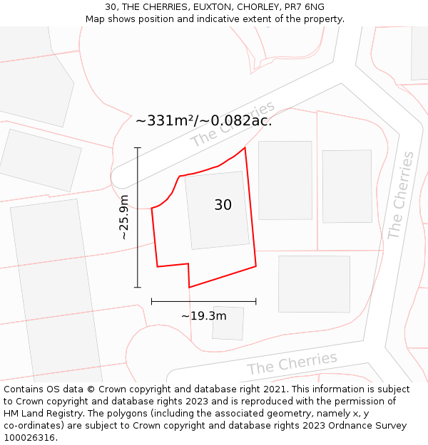 30, THE CHERRIES, EUXTON, CHORLEY, PR7 6NG: Plot and title map