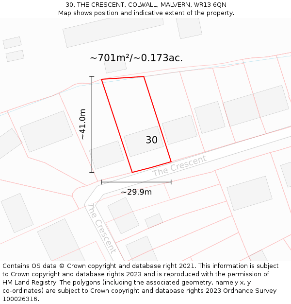 30, THE CRESCENT, COLWALL, MALVERN, WR13 6QN: Plot and title map