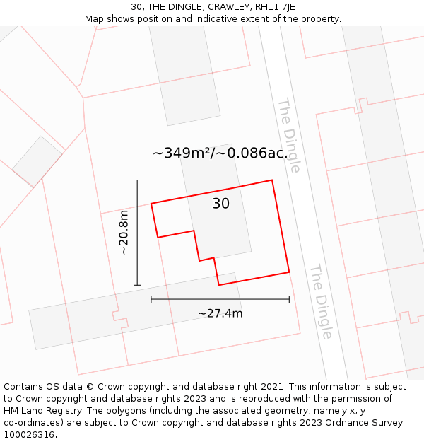 30, THE DINGLE, CRAWLEY, RH11 7JE: Plot and title map