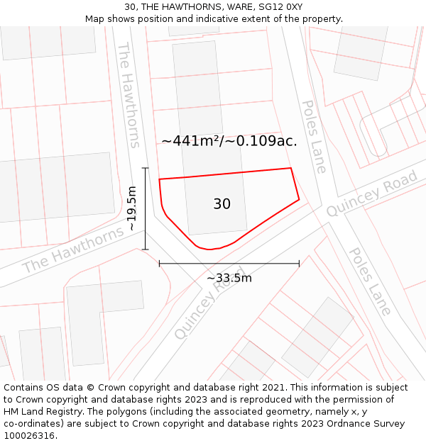 30, THE HAWTHORNS, WARE, SG12 0XY: Plot and title map