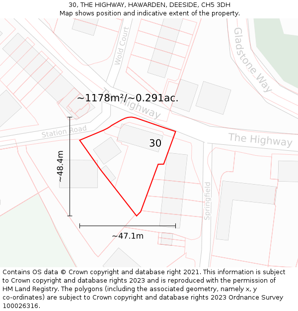 30, THE HIGHWAY, HAWARDEN, DEESIDE, CH5 3DH: Plot and title map