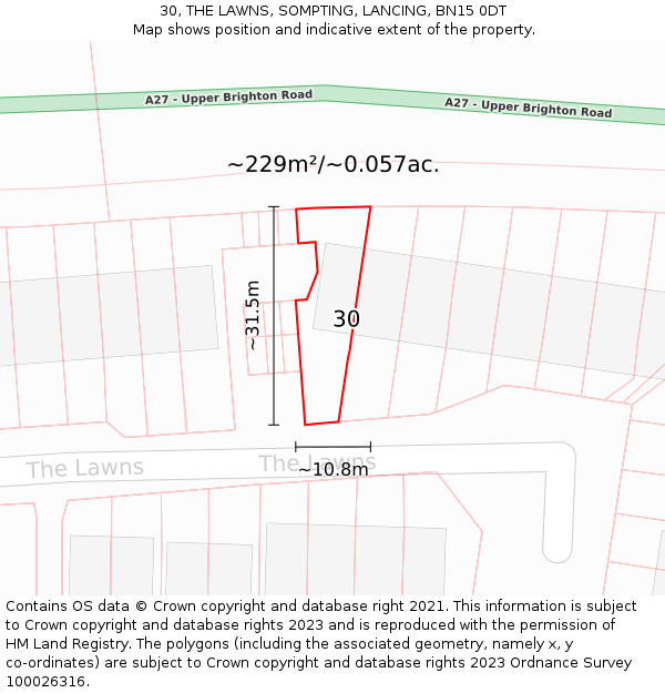 30, THE LAWNS, SOMPTING, LANCING, BN15 0DT: Plot and title map