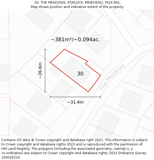 30, THE MEADOWS, PORLOCK, MINEHEAD, TA24 8NL: Plot and title map