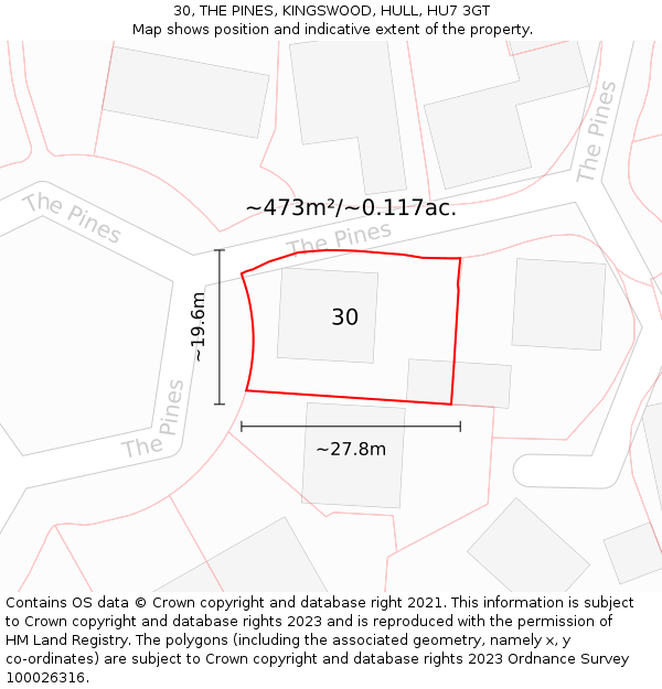 30, THE PINES, KINGSWOOD, HULL, HU7 3GT: Plot and title map