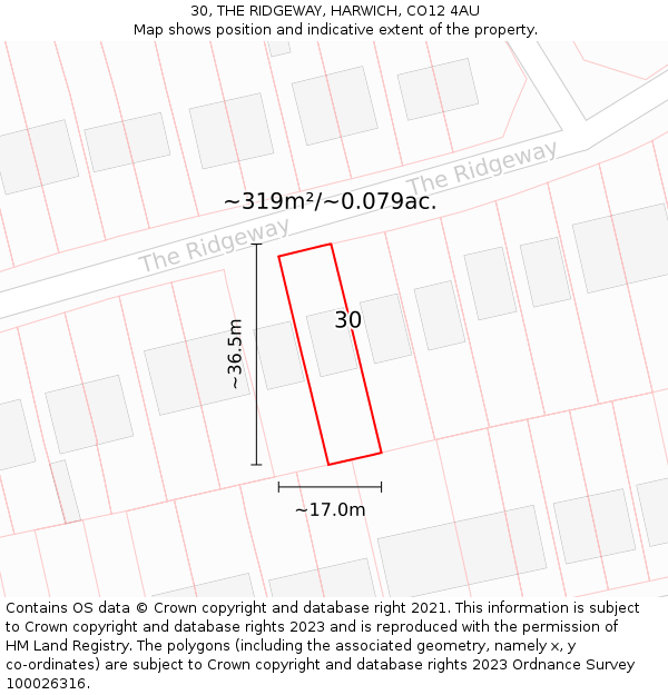 30, THE RIDGEWAY, HARWICH, CO12 4AU: Plot and title map