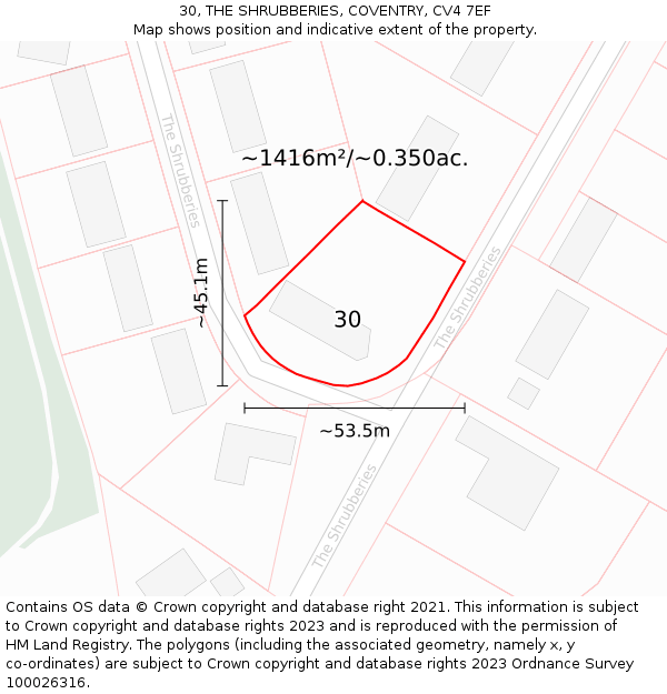 30, THE SHRUBBERIES, COVENTRY, CV4 7EF: Plot and title map