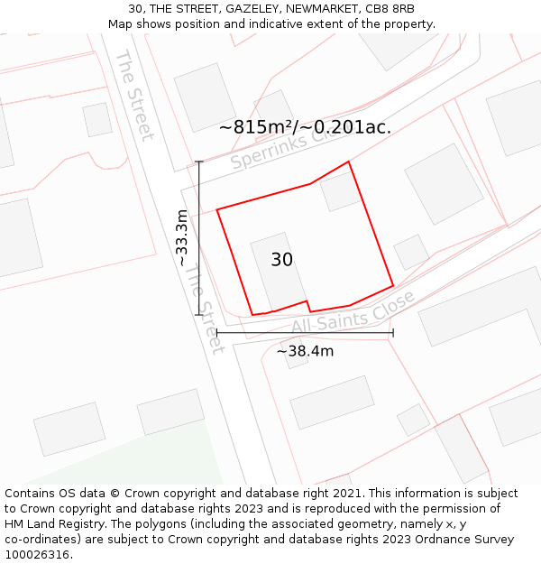30, THE STREET, GAZELEY, NEWMARKET, CB8 8RB: Plot and title map