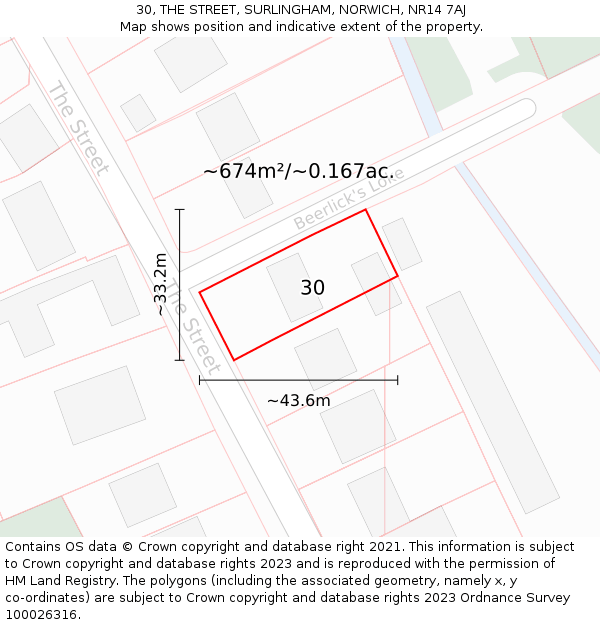 30, THE STREET, SURLINGHAM, NORWICH, NR14 7AJ: Plot and title map