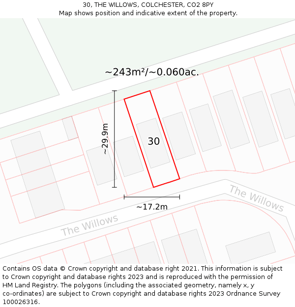 30, THE WILLOWS, COLCHESTER, CO2 8PY: Plot and title map