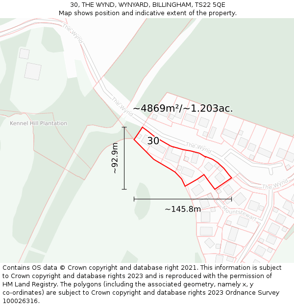 30, THE WYND, WYNYARD, BILLINGHAM, TS22 5QE: Plot and title map