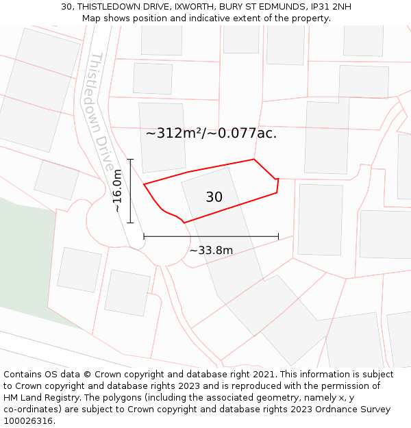 30, THISTLEDOWN DRIVE, IXWORTH, BURY ST EDMUNDS, IP31 2NH: Plot and title map