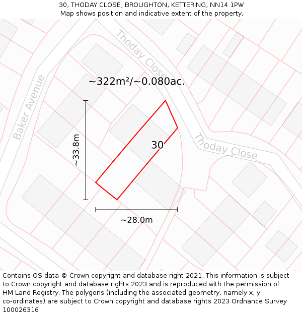 30, THODAY CLOSE, BROUGHTON, KETTERING, NN14 1PW: Plot and title map