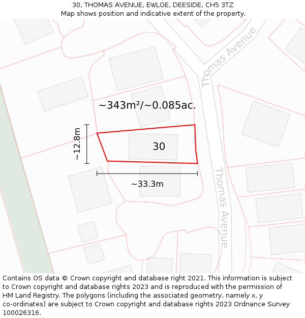 30, THOMAS AVENUE, EWLOE, DEESIDE, CH5 3TZ: Plot and title map