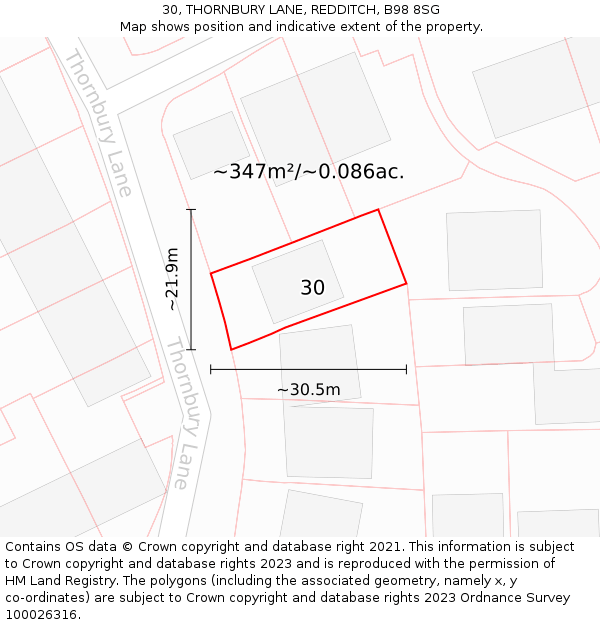 30, THORNBURY LANE, REDDITCH, B98 8SG: Plot and title map