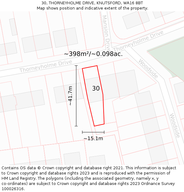 30, THORNEYHOLME DRIVE, KNUTSFORD, WA16 8BT: Plot and title map