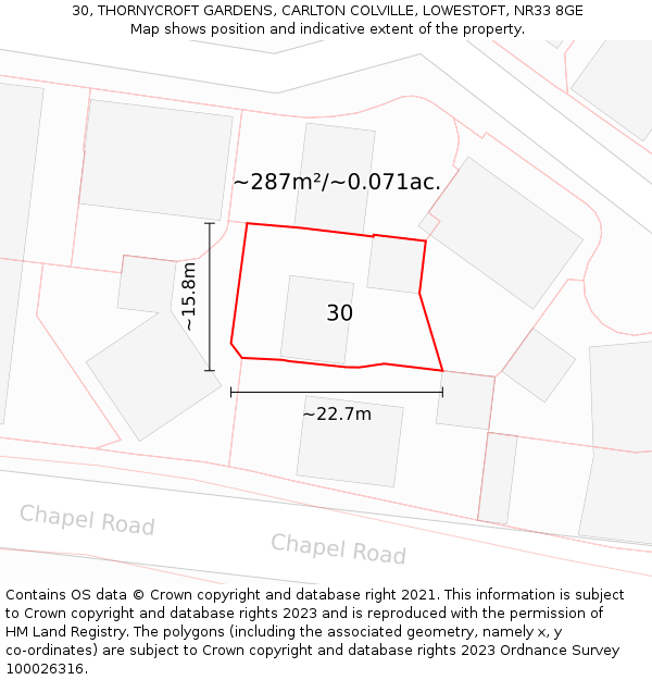 30, THORNYCROFT GARDENS, CARLTON COLVILLE, LOWESTOFT, NR33 8GE: Plot and title map