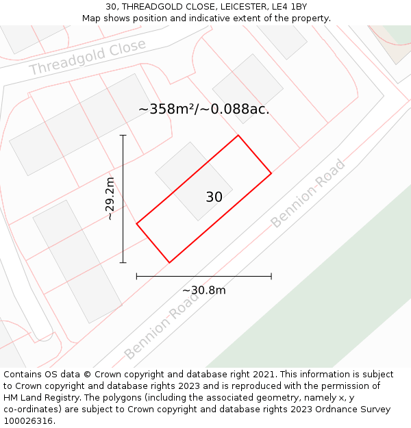 30, THREADGOLD CLOSE, LEICESTER, LE4 1BY: Plot and title map