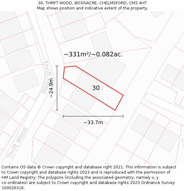 30, THRIFT WOOD, BICKNACRE, CHELMSFORD, CM3 4HT: Plot and title map