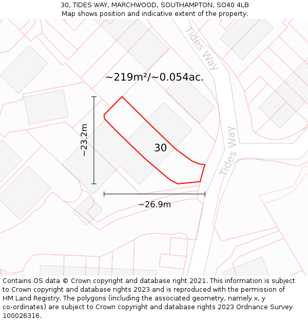 30, TIDES WAY, MARCHWOOD, SOUTHAMPTON, SO40 4LB: Plot and title map