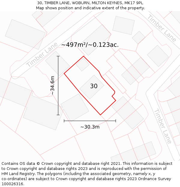 30, TIMBER LANE, WOBURN, MILTON KEYNES, MK17 9PL: Plot and title map