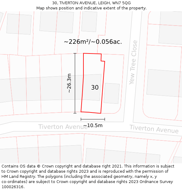 30, TIVERTON AVENUE, LEIGH, WN7 5QG: Plot and title map