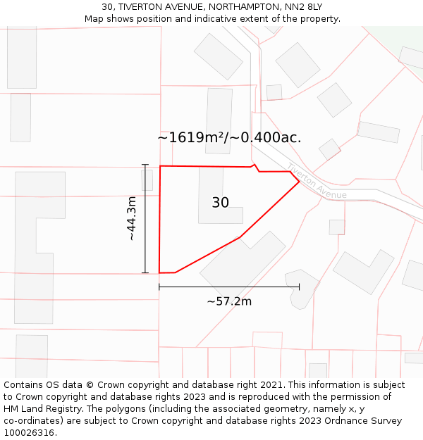 30, TIVERTON AVENUE, NORTHAMPTON, NN2 8LY: Plot and title map