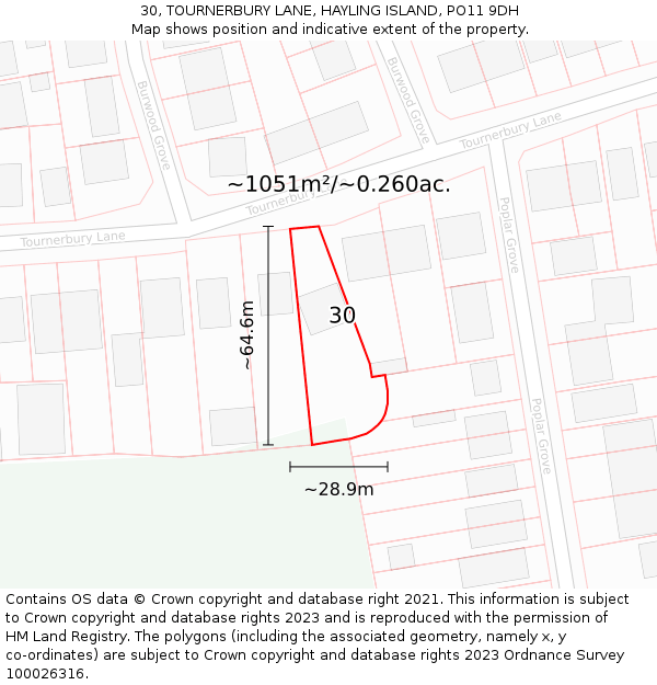 30, TOURNERBURY LANE, HAYLING ISLAND, PO11 9DH: Plot and title map