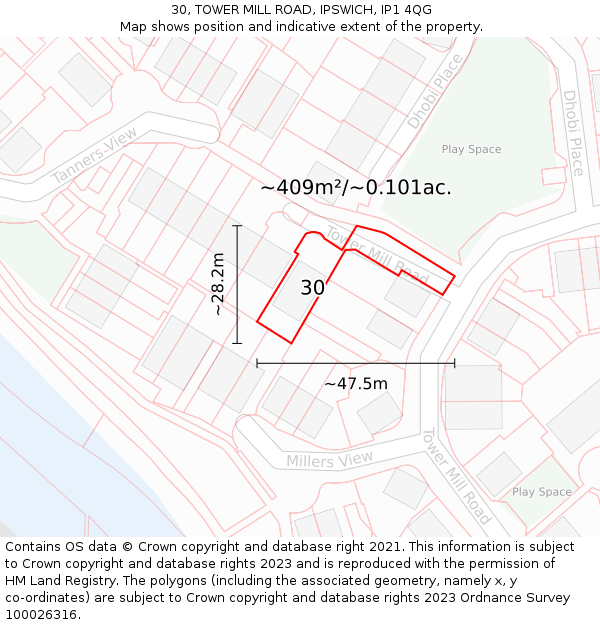 30, TOWER MILL ROAD, IPSWICH, IP1 4QG: Plot and title map