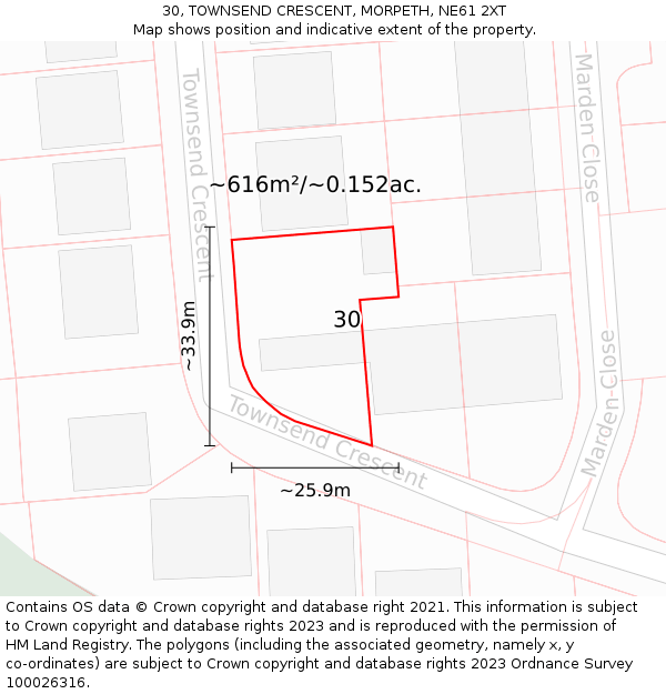 30, TOWNSEND CRESCENT, MORPETH, NE61 2XT: Plot and title map