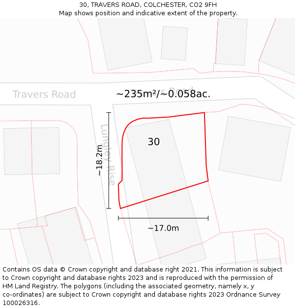 30, TRAVERS ROAD, COLCHESTER, CO2 9FH: Plot and title map