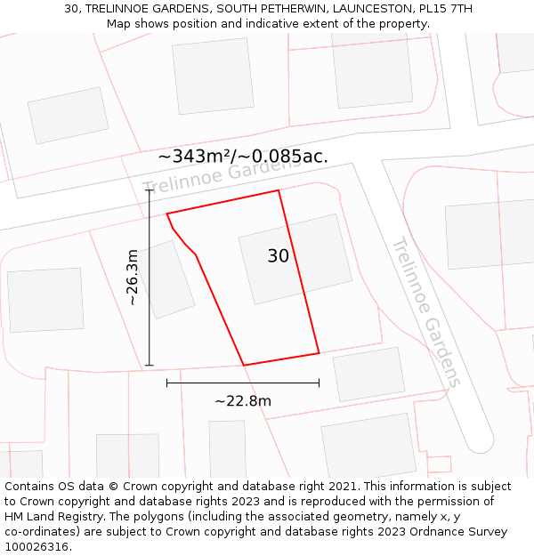 30, TRELINNOE GARDENS, SOUTH PETHERWIN, LAUNCESTON, PL15 7TH: Plot and title map