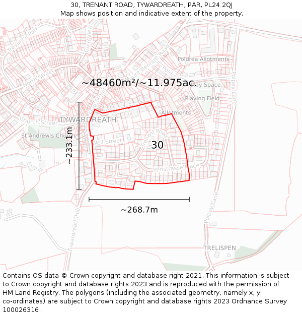 30, TRENANT ROAD, TYWARDREATH, PAR, PL24 2QJ: Plot and title map