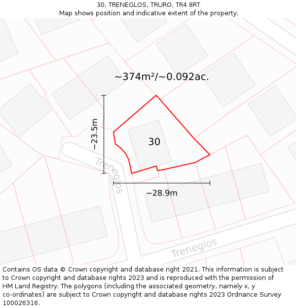 30, TRENEGLOS, TRURO, TR4 8RT: Plot and title map