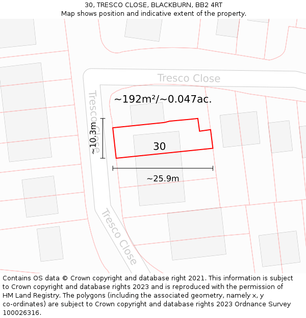 30, TRESCO CLOSE, BLACKBURN, BB2 4RT: Plot and title map