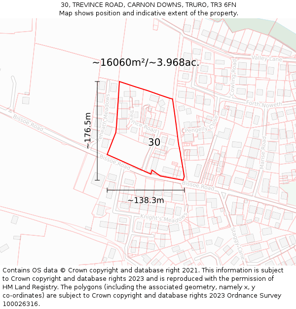 30, TREVINCE ROAD, CARNON DOWNS, TRURO, TR3 6FN: Plot and title map