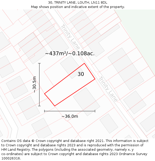 30, TRINITY LANE, LOUTH, LN11 8DL: Plot and title map