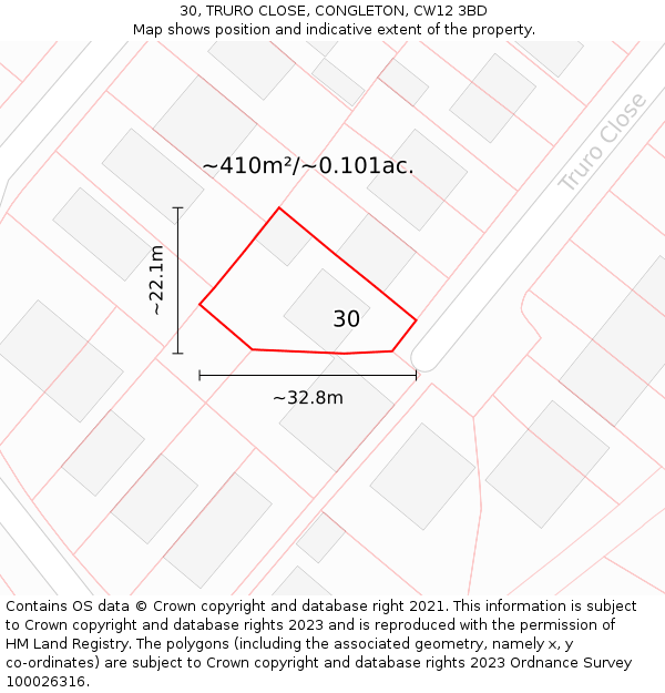 30, TRURO CLOSE, CONGLETON, CW12 3BD: Plot and title map