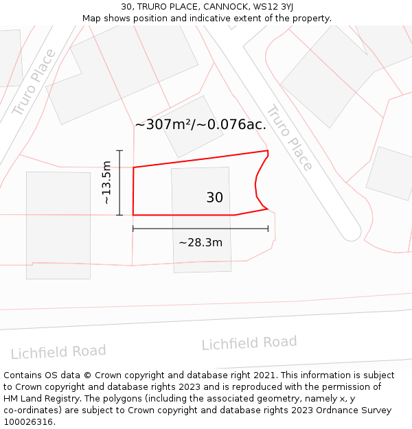 30, TRURO PLACE, CANNOCK, WS12 3YJ: Plot and title map