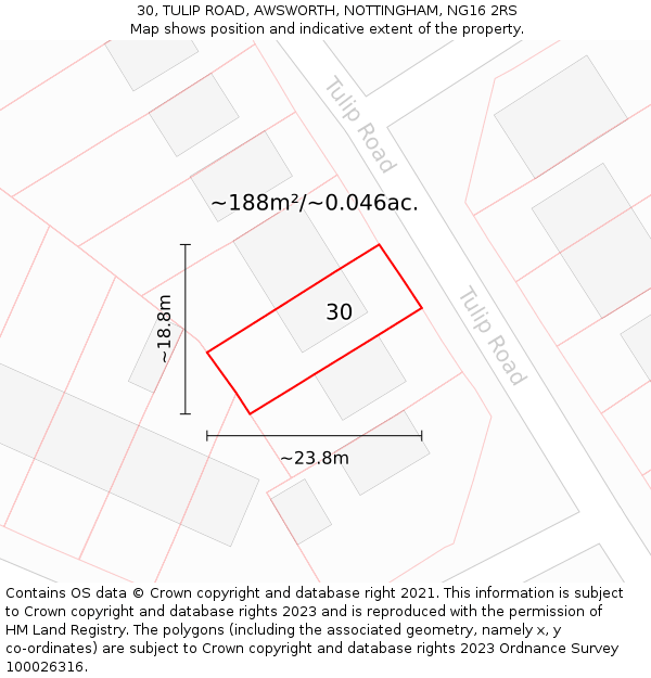 30, TULIP ROAD, AWSWORTH, NOTTINGHAM, NG16 2RS: Plot and title map