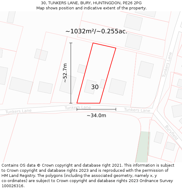 30, TUNKERS LANE, BURY, HUNTINGDON, PE26 2PG: Plot and title map