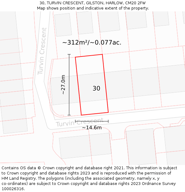 30, TURVIN CRESCENT, GILSTON, HARLOW, CM20 2FW: Plot and title map