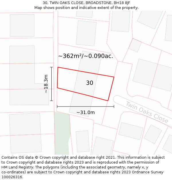 30, TWIN OAKS CLOSE, BROADSTONE, BH18 8JF: Plot and title map