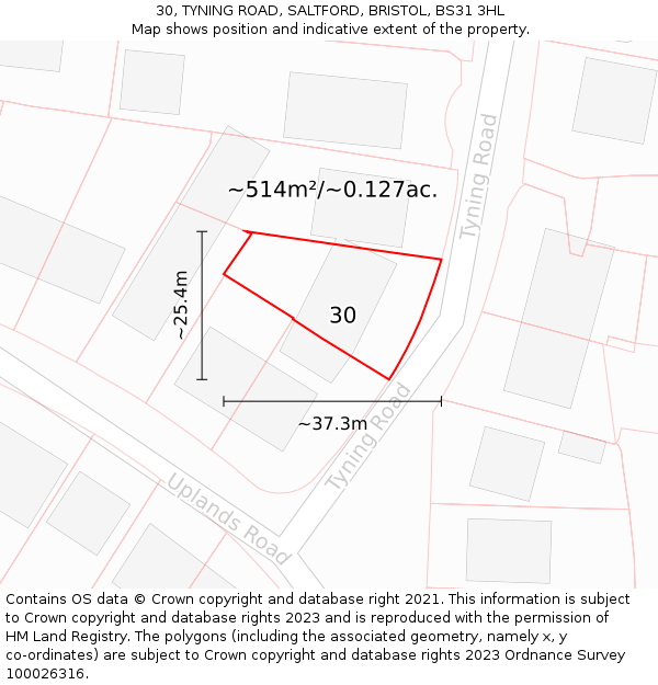 30, TYNING ROAD, SALTFORD, BRISTOL, BS31 3HL: Plot and title map