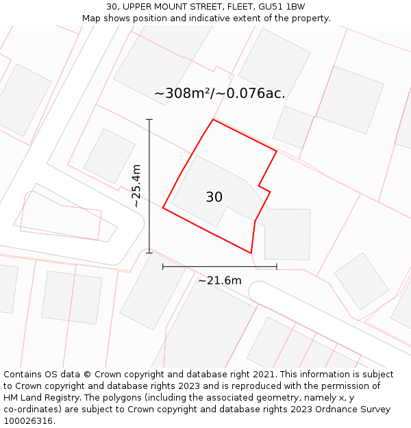 30, UPPER MOUNT STREET, FLEET, GU51 1BW: Plot and title map