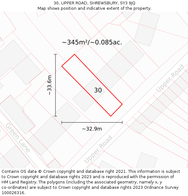 30, UPPER ROAD, SHREWSBURY, SY3 9JQ: Plot and title map