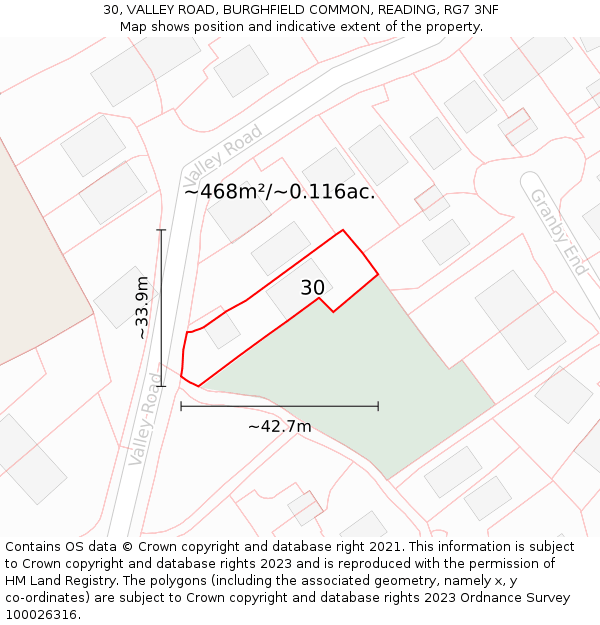 30, VALLEY ROAD, BURGHFIELD COMMON, READING, RG7 3NF: Plot and title map