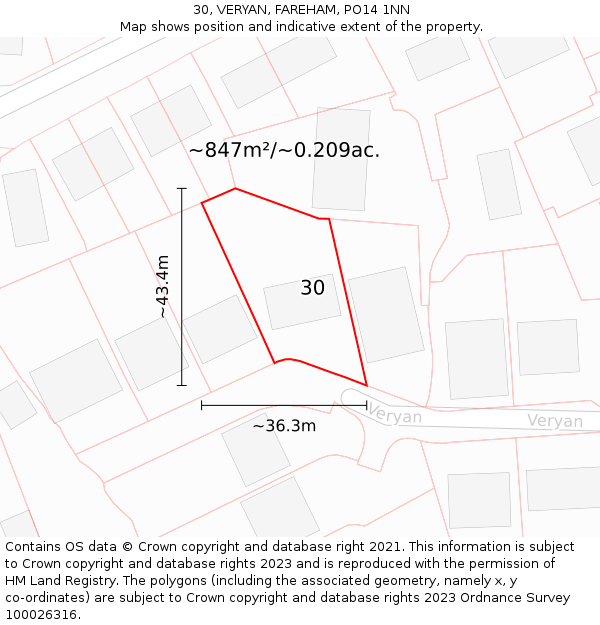 30, VERYAN, FAREHAM, PO14 1NN: Plot and title map