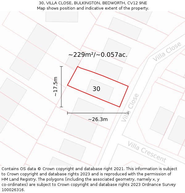 30, VILLA CLOSE, BULKINGTON, BEDWORTH, CV12 9NE: Plot and title map